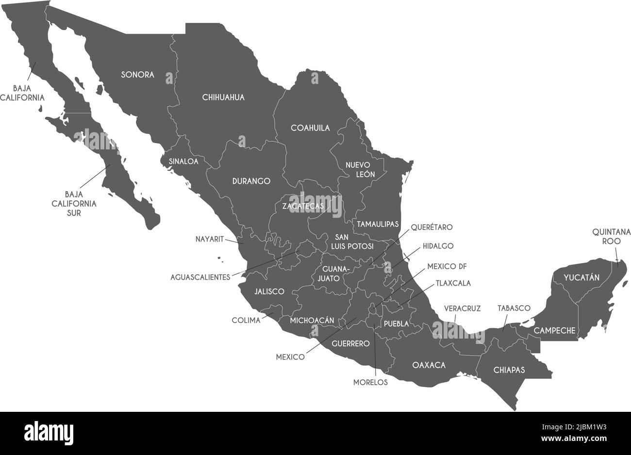 Carte vectorielle du Mexique avec régions ou États et divisions administratives. Calques modifiables et clairement étiquetés. Illustration de Vecteur