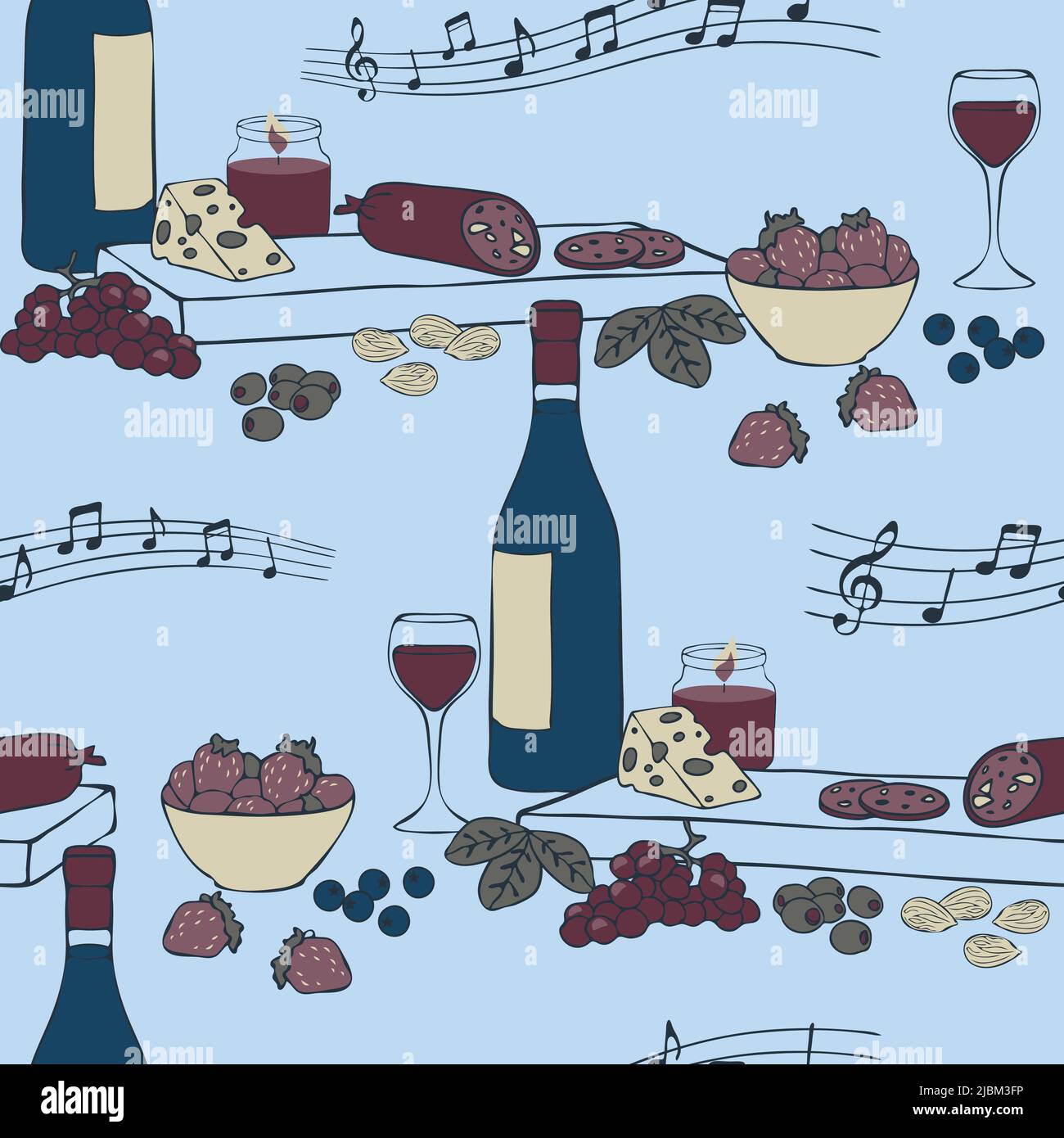 Motif vectoriel sans couture avec plateau de nourriture et de vin sur fond bleu. Papier peint relaxant simple. Textile de mode en-cas décoratif. Illustration de Vecteur
