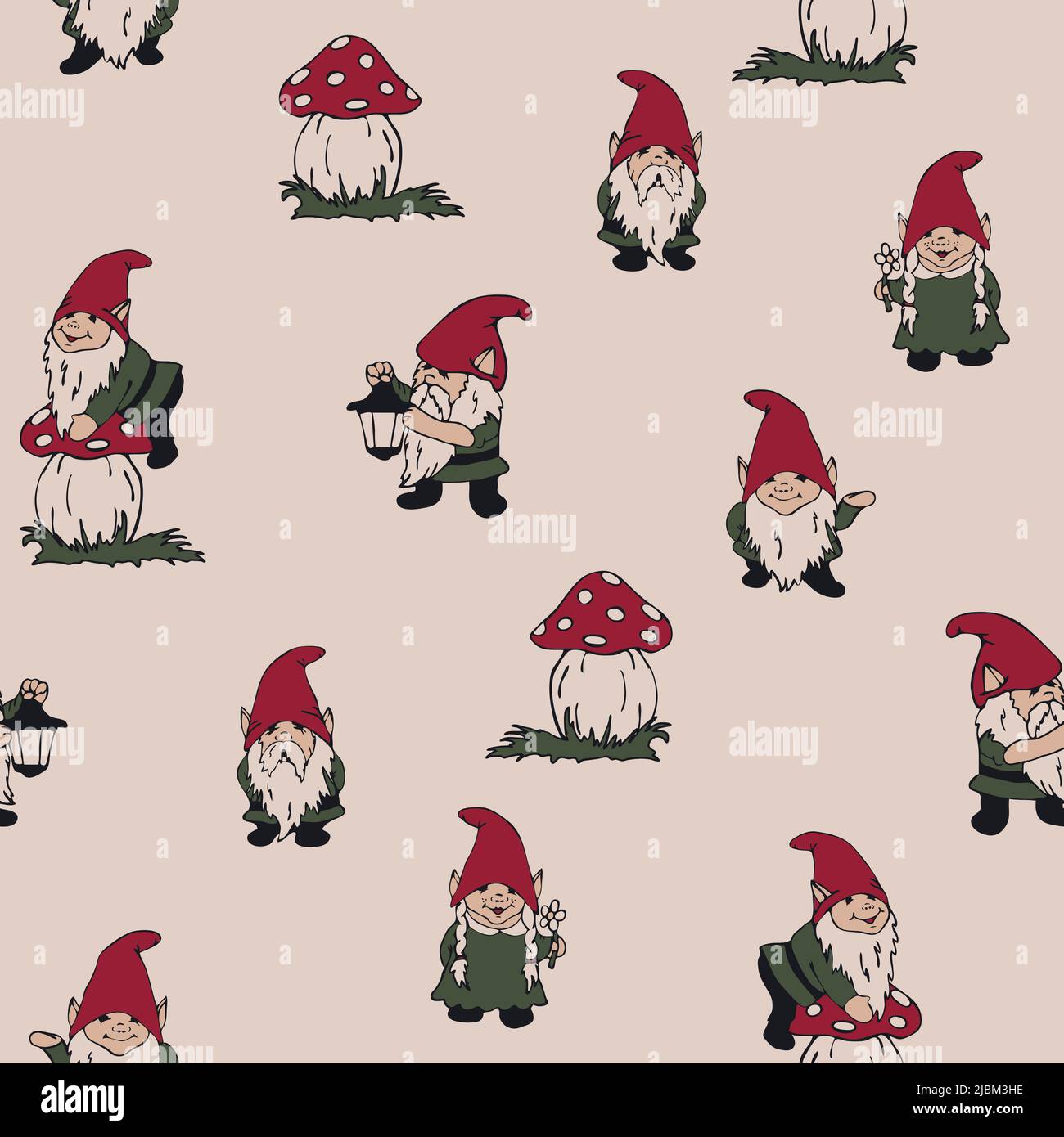 Motif vectoriel transparent avec gnomes sur fond blanc. Papier peint Elf simple dessiné à la main. Textile de mode décoratif. Illustration de Vecteur