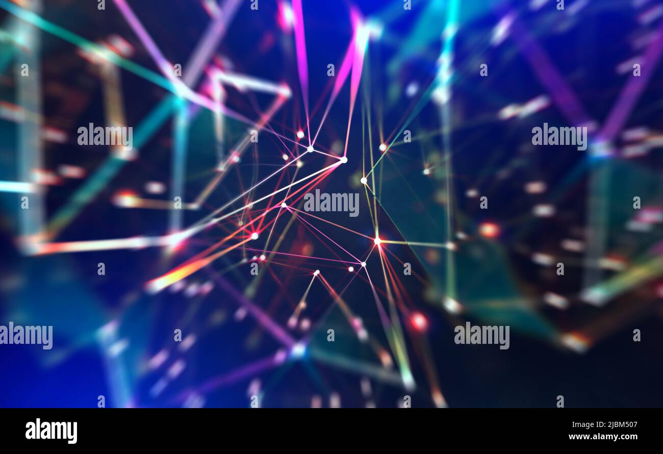 Technologie, réseau mondial, mouvement dans l'espace et le temps. Illuminations festives. Arrière-plan polygonal abstrait avec effet bokeh Banque D'Images