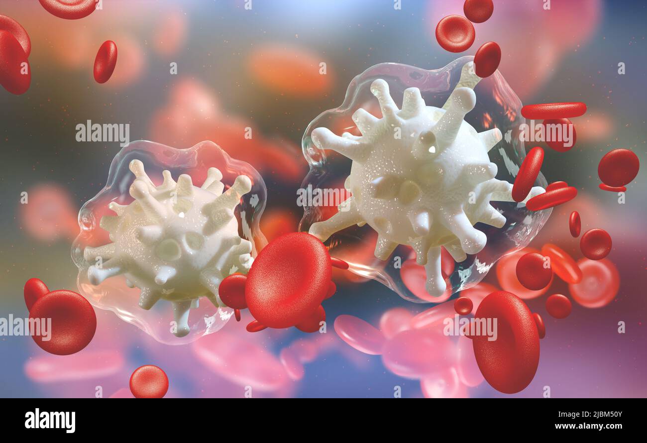 Infection bactérienne dans le sang. Les virus attaquent le corps humain. Micro-organismes, germes et microbes. 3D illustration colorée sur la microbiologie Banque D'Images