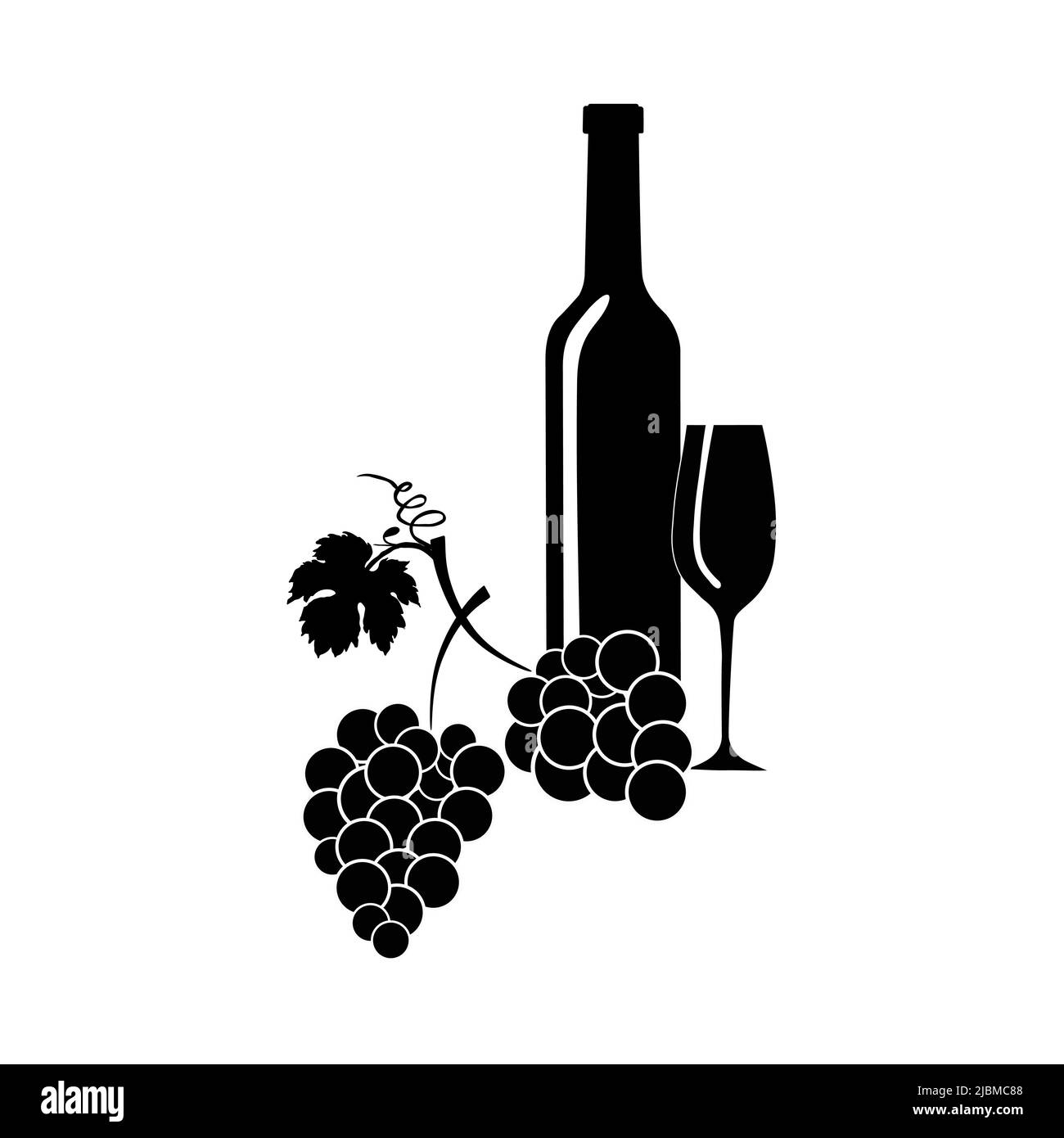 Une bouteille de vin et un verre de raisin et de feuilles de vigne. Illustration de Vecteur