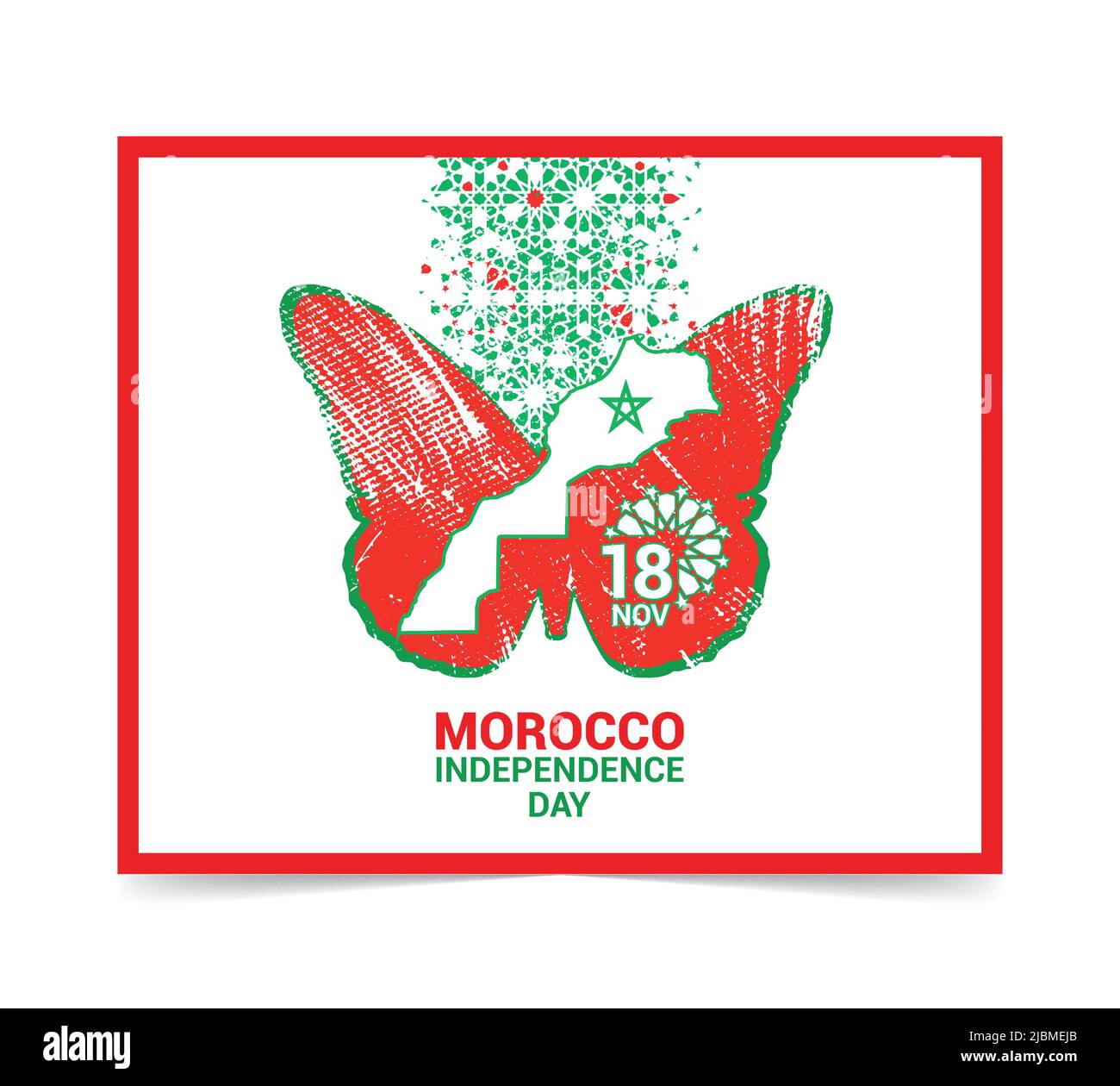 Jour de l'indépendance, carte du royaume du maroc avec motif d'effet de désintégration basé sur la conception géométrique de la mosaïque islamique.18 novembre. Symbole papillon Illustration de Vecteur