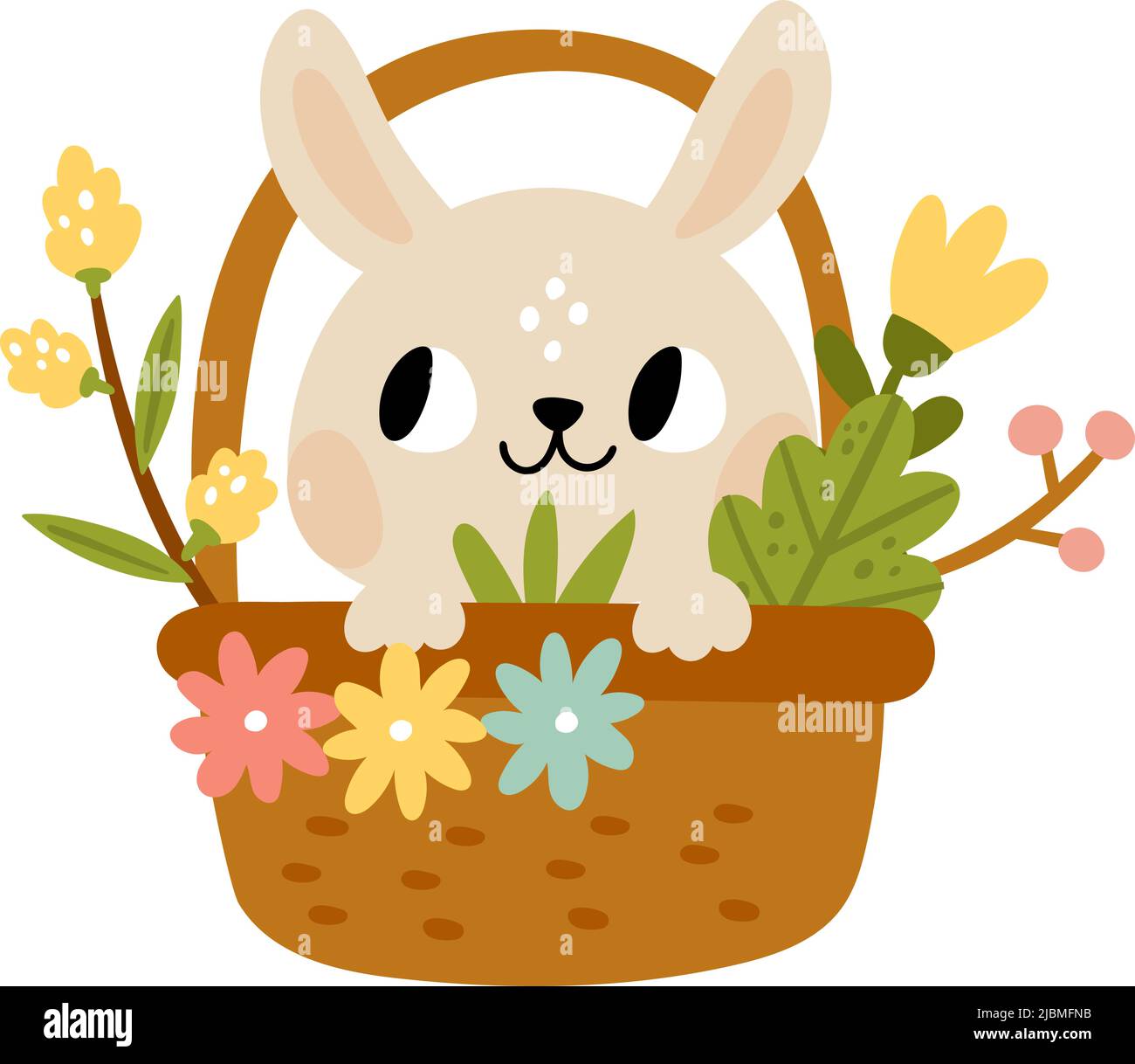 Petit lapin assis dans un panier de fleurs. Animal mignon Illustration de Vecteur