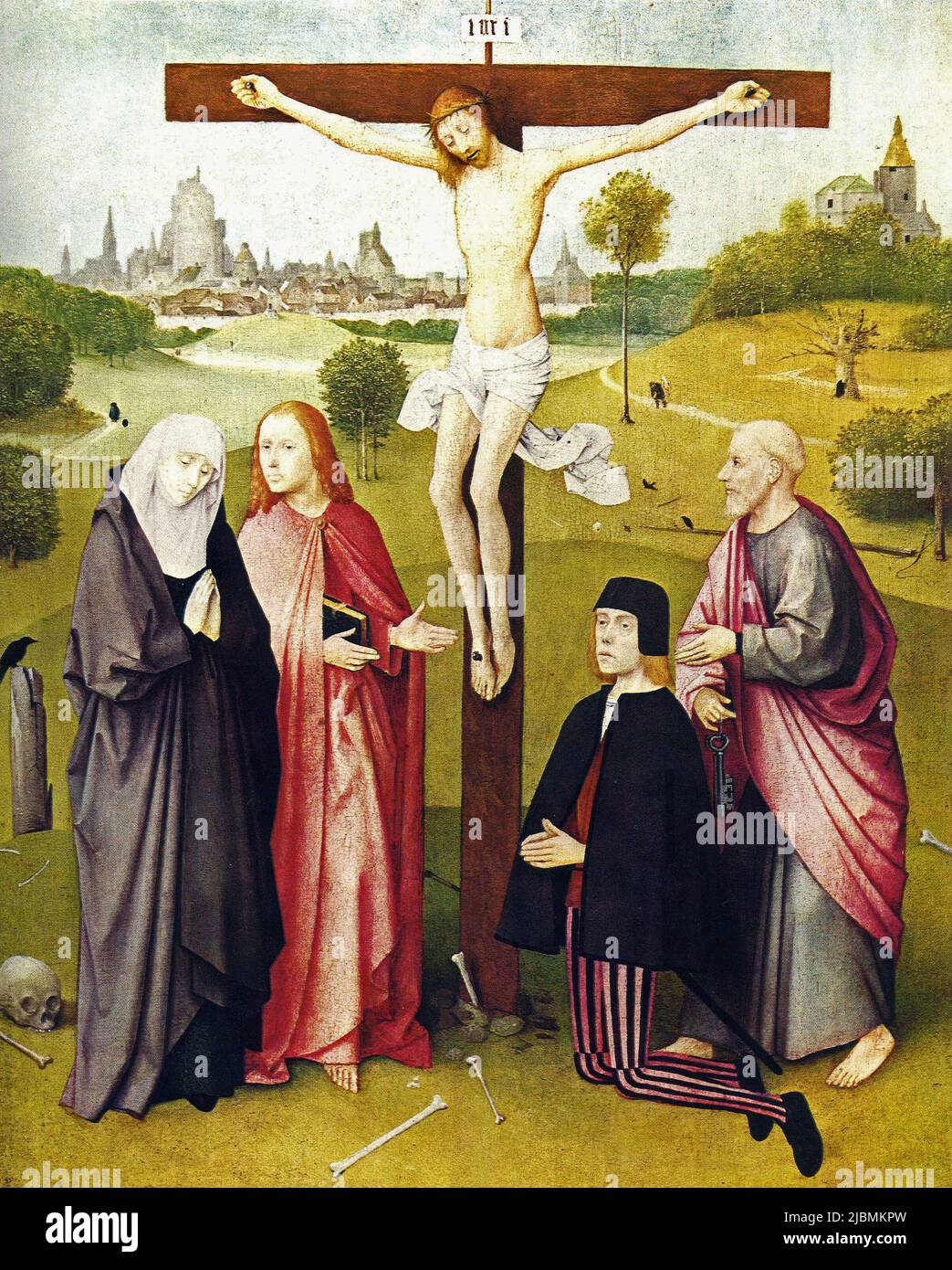 «Christ sur la Croix, avec la Vierge et Saint Jean et un donneur à genoux avec son Saint patron, Saint Pierre. Peinture par Hieronymus Bosch. Bruxelles, musée Banque D'Images