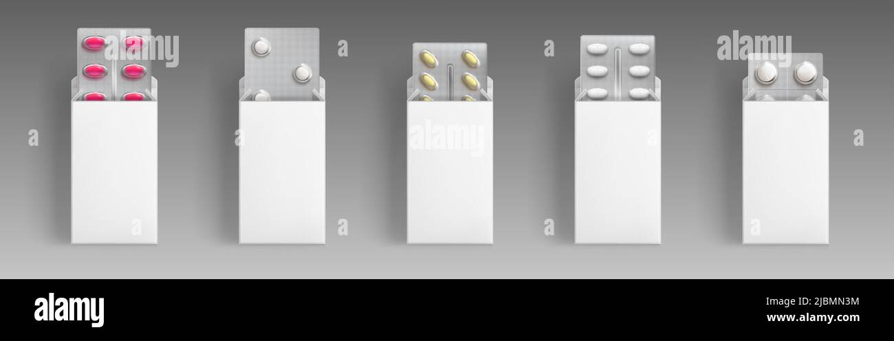 Plaquettes thermoformées contenant des médicaments dans des boîtes blanches ouvertes. Vector Realistic maquette de 3D colis de pharmacie, pilules rondes et ovales et comprimés en carton vierge pac Illustration de Vecteur