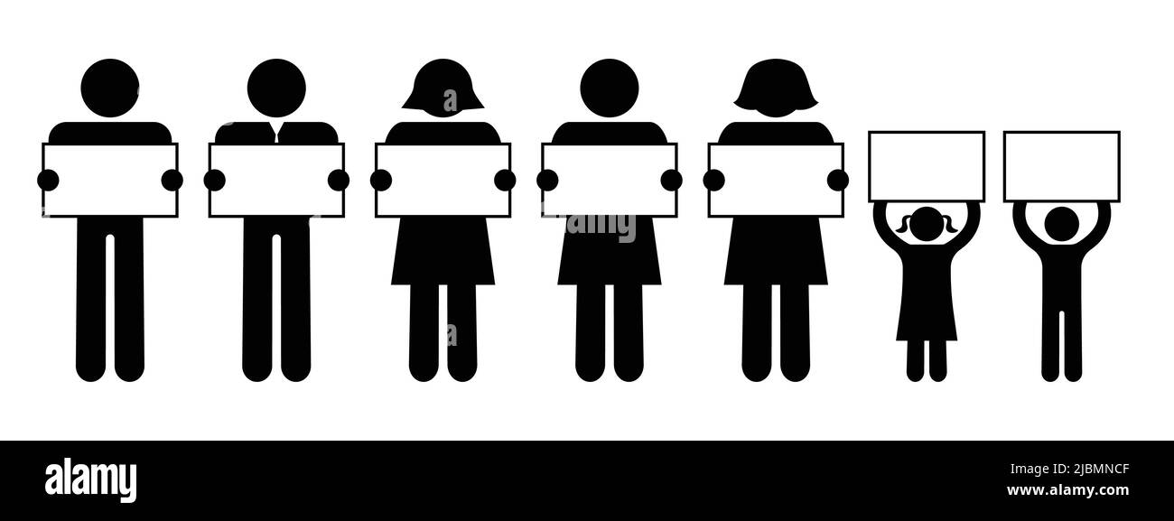 Icônes de figure du bâton contenant les panneaux d'affichage. Pictogrammes de personnes contenant des bannières d'affiche vides. Adulte homme, femme et enfant garçon, fille. Isolé modifiable Illustration de Vecteur