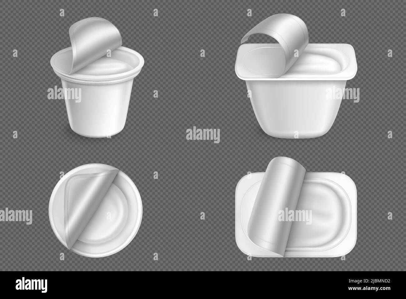 Ouvrir les contenants en plastique pour le yogourt dans la vue avant et de dessus. Vector Realistic 3D mockup de tasses blanches avec yaourt ou produit laitier et couvercle en aluminium isolé Illustration de Vecteur