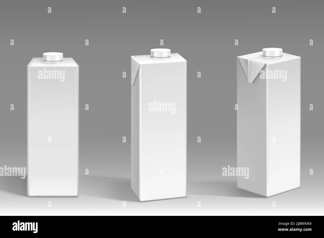 Emballage en carton blanc, bote vierge pour le lait ou le jus, vue avant et  en angle. Vector Realistic 3D maquette de carton avec bouchon en plastique  pour da liquide Image Vectorielle