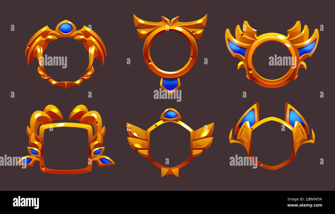 Cadres dorés vides pour les badges de récompense, médailles pour la victoire dans le jeu, première place dans la compétition. Ensemble d'icônes de dessin animé vectoriel de fantaisie avec des bordures dorées bleu ele Illustration de Vecteur