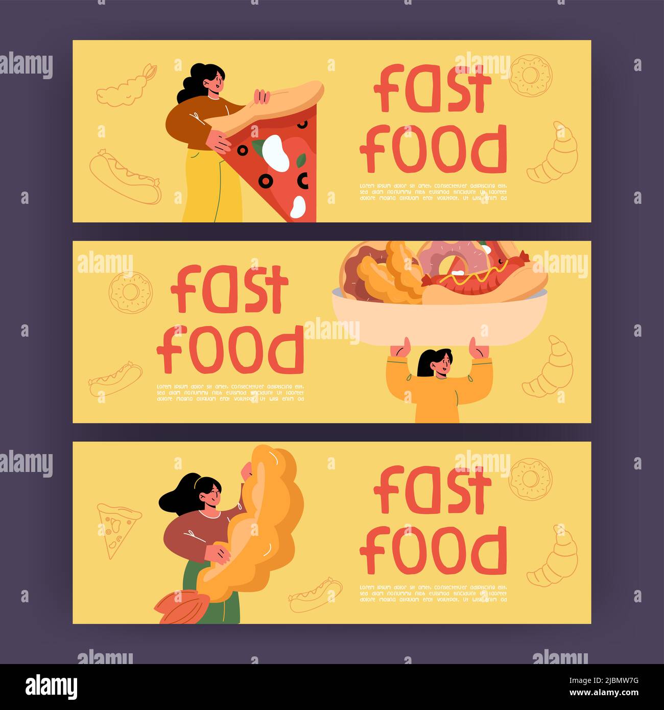 Banderoles de restauration rapide avec des femmes tenant une grande pizza, crevettes tempura et plat avec hot dog et beignets. Affiches vectorielles de fastfood restaurant avec plat Illustration de Vecteur
