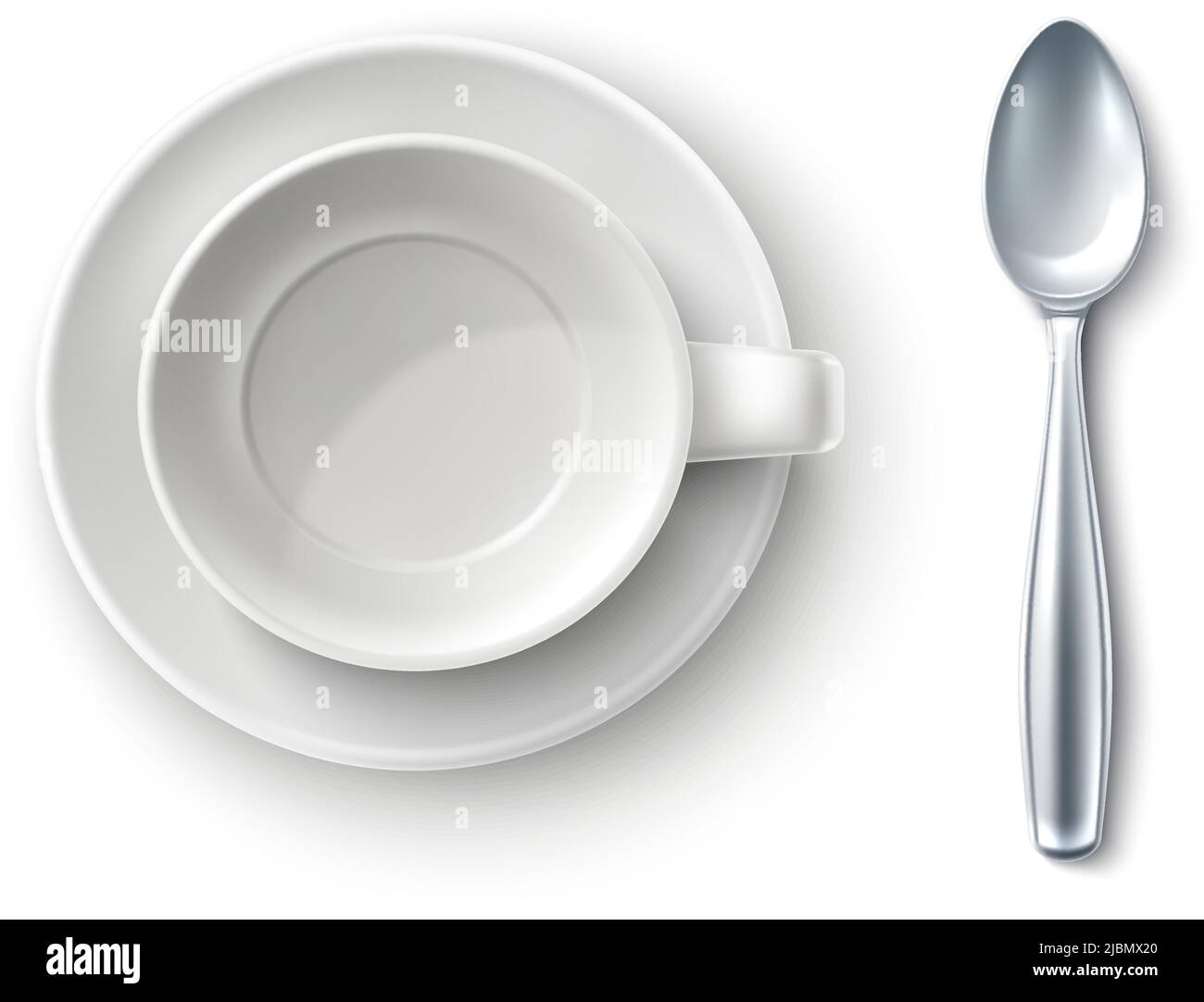 Vue de dessus d'une tasse blanche avec cuillère à thé. Maquette de service réaliste Illustration de Vecteur