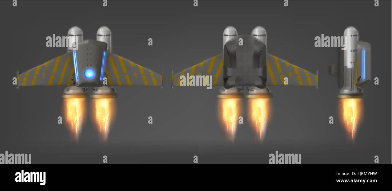 Jetpack avec feu et bandes jaunes sur les ailes, vue de dessus, de côté et de dessous, dispositif 3D vecteur isolé pour le vol. Pack de jets futuriste mécanique turbo e Illustration de Vecteur