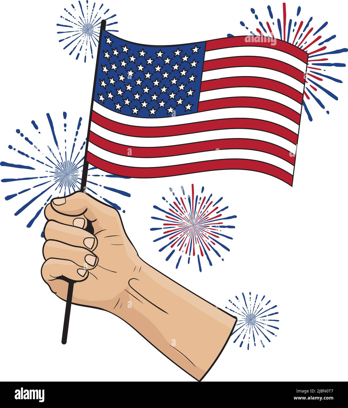 Drapeau américain à main avec illustration vectorielle Fireworks Illustration de Vecteur