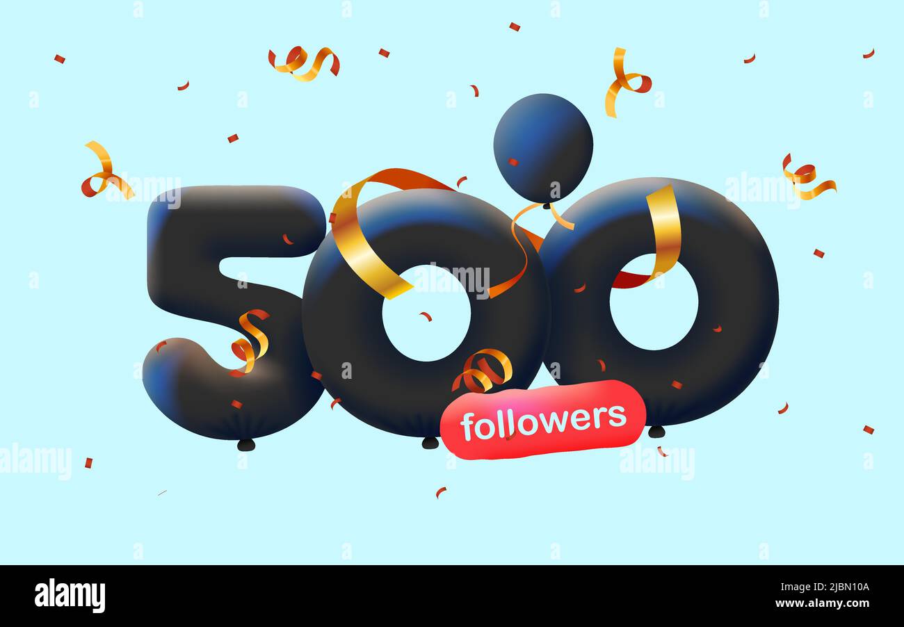 Bannière avec 500 abonnés merci sous forme de 3D ballons noirs et confetti colorés. Illustration vectorielle 3D numéros pour les médias sociaux 500 abonnés Merci, Blogger célébrant les abonnés, aime Illustration de Vecteur