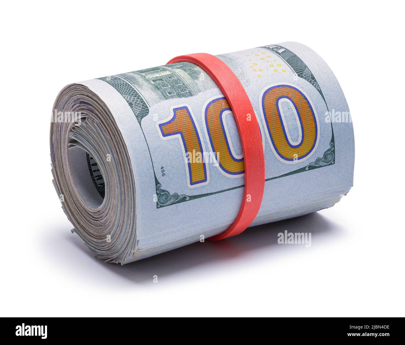 Rouleau de cent dollars découpé sur blanc. Banque D'Images