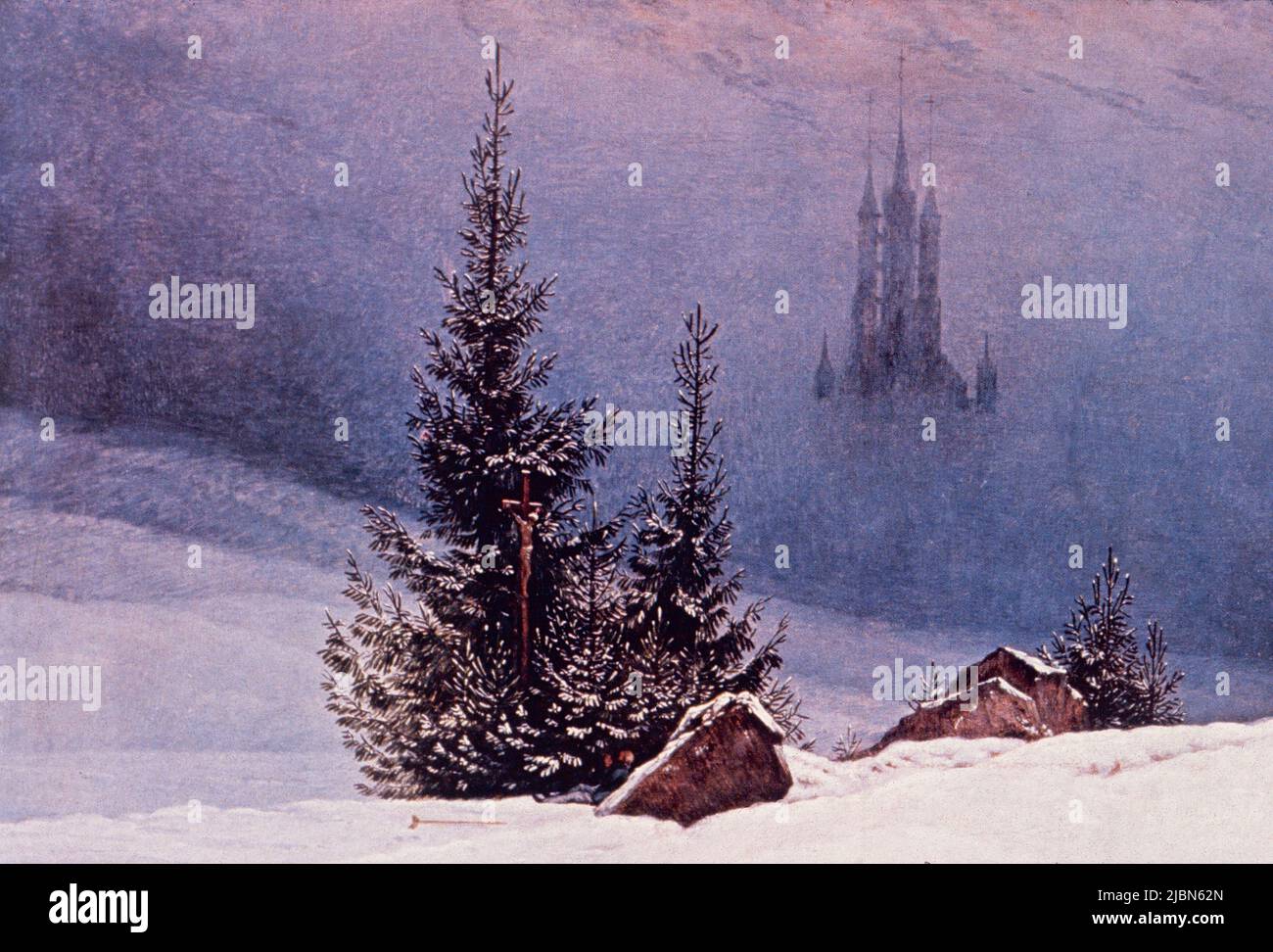 Paysage d'hiver avec église, peinture de l'artiste allemand Caspar David Friedrich, 1800s Banque D'Images