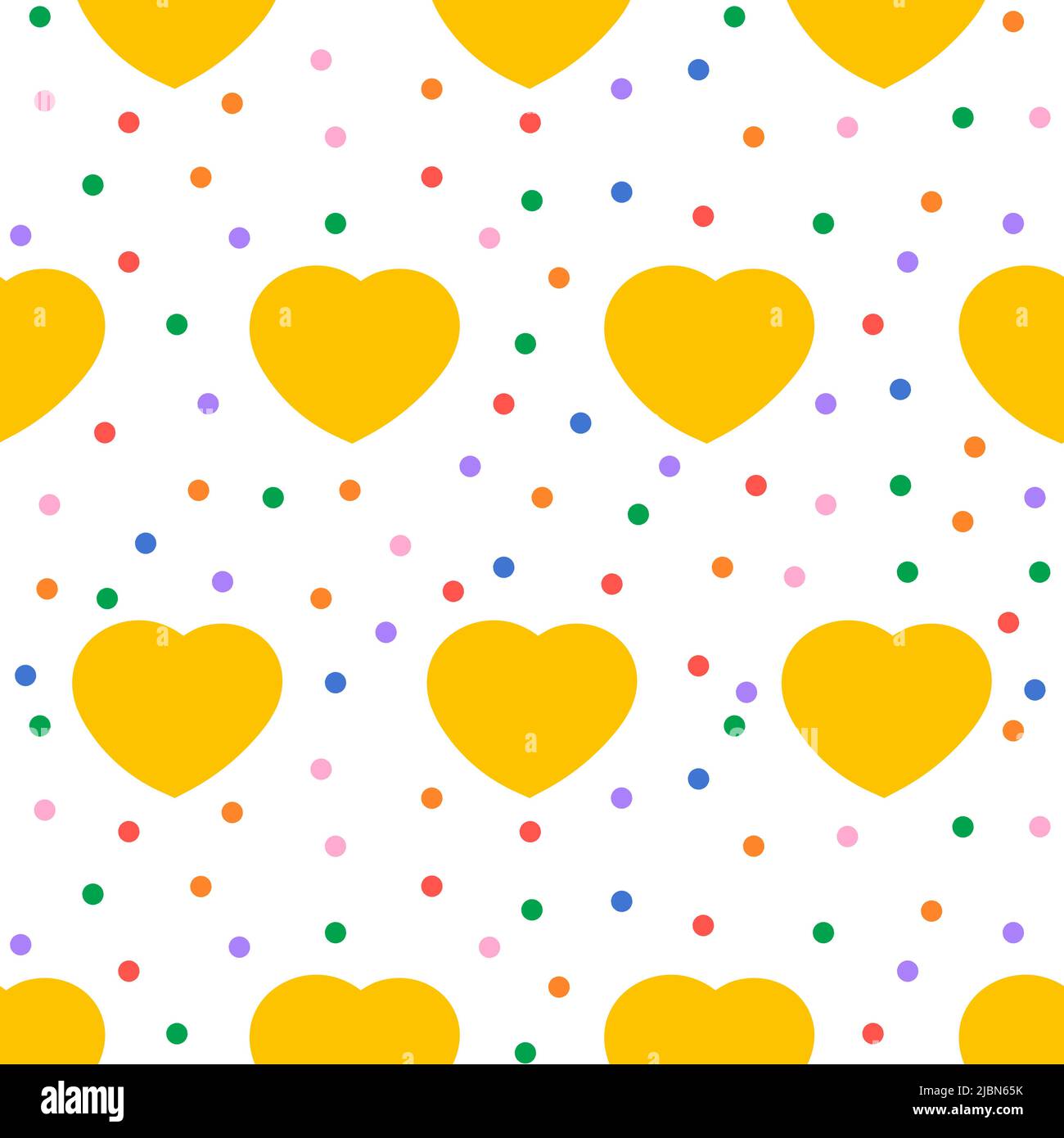 Joli motif sans couture avec coeurs jaunes dessinés à la main, points colorés. Coeurs et pois. Contexte de la Saint-Valentin. Motif festif pour Illustration de Vecteur
