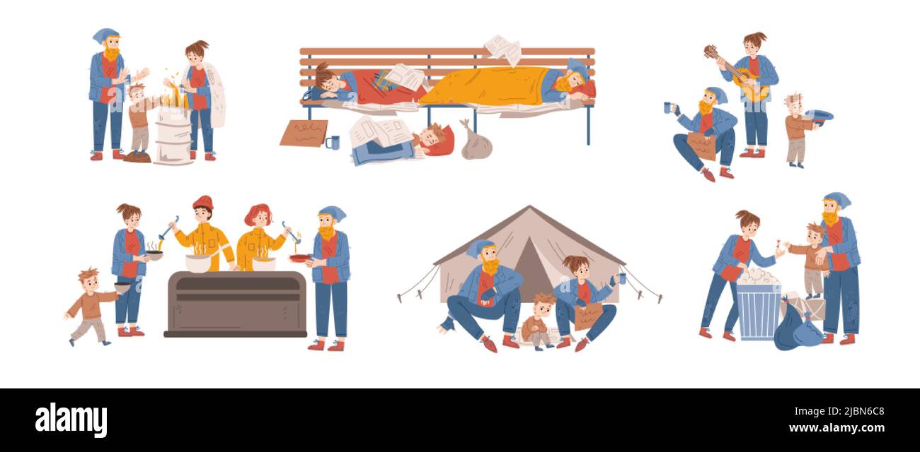 Mendiants de la famille, les sans-abri vivent dans la rue de la ville. Concept de pauvreté, aide caritative aux réfugiés, hobo. Illustration vectorielle plate des volontaires servant Illustration de Vecteur