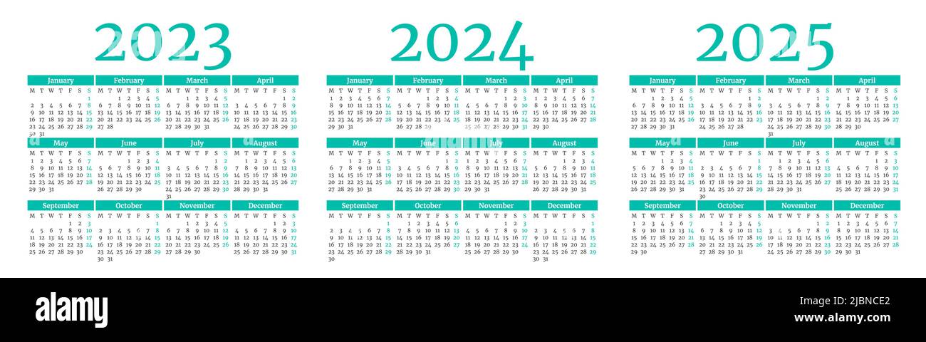 Ensemble de modèles de calendrier mensuel turquoise et blanc pour 2023, 2024, 2025 ans. La semaine commence le lundi. Calendrier de mise en page des albums dans un style minimaliste. Illustration de Vecteur