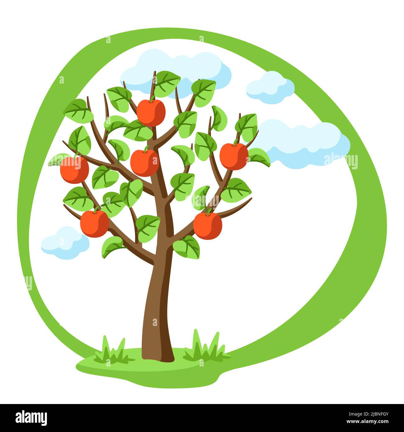 Arbre d'été avec pommes et feuilles. Illustration de la nature saisonnière. Illustration de Vecteur