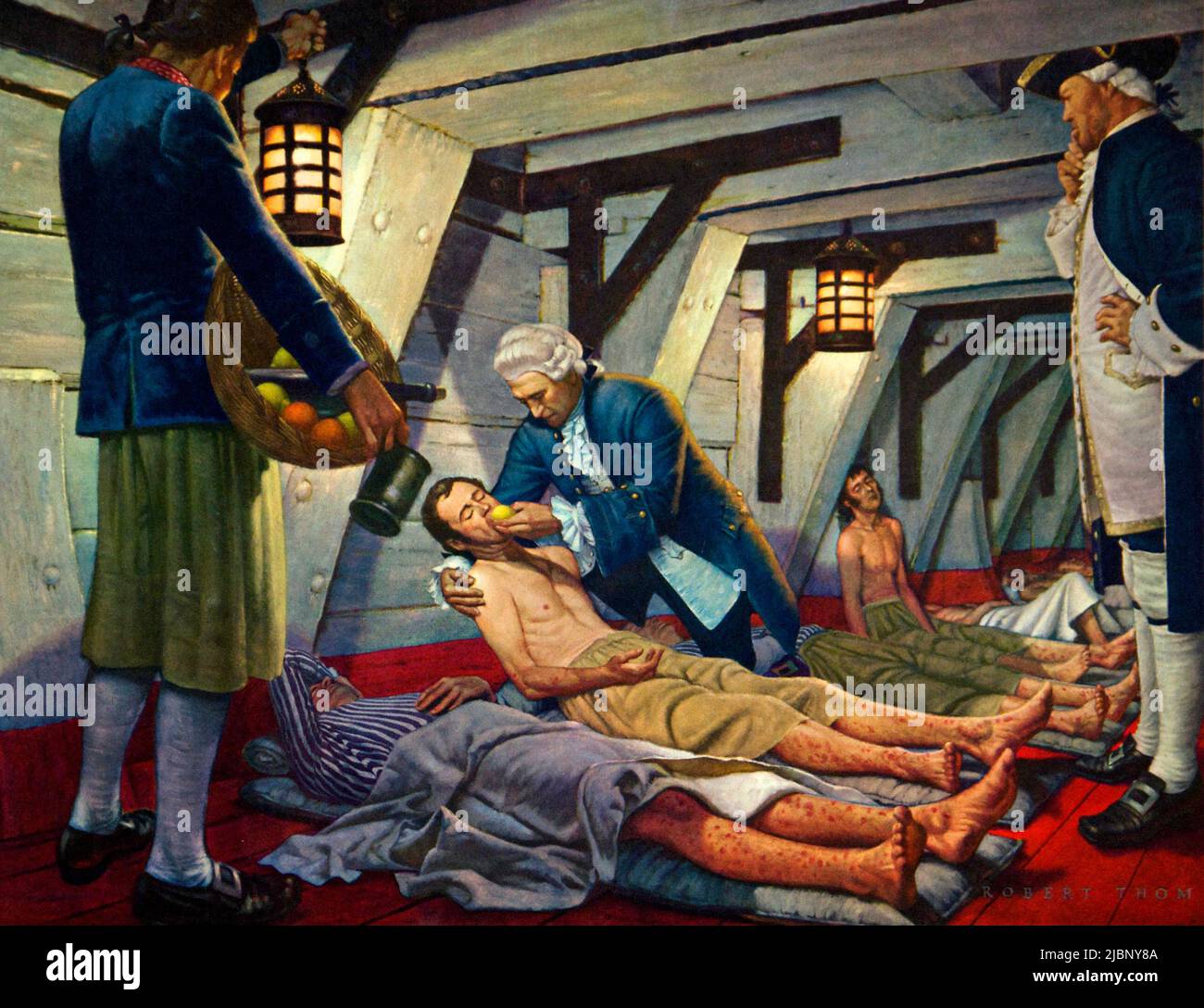 JAMES LIND (1716-1794). Médecin écossais. Illustration de Robert Thom, c1958. James Lind (1716 – 1794) médecin écossais. Il a été un pionnier de l'hygiène navale dans la Marine royale. En menant l'un des premiers essais cliniques, il a développé la théorie selon laquelle les agrumes guérissaient le scorbut. Banque D'Images