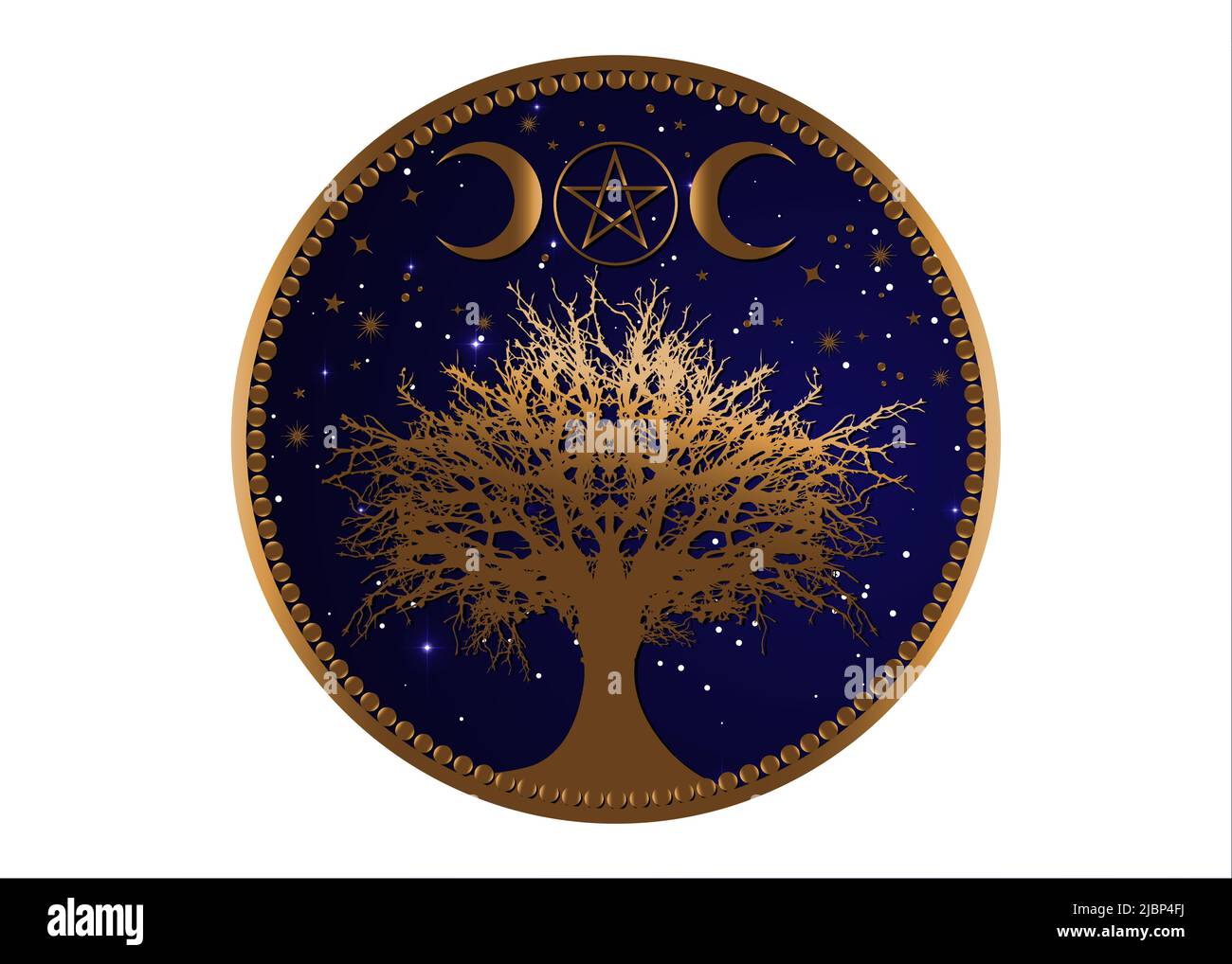 Arbre de vie Wicca signe mandala, Gold Mystique Lune Pentacle, géométrie sacrée, croissant d'or lune, demi-lune païen symbole de la triple déesse Wiccan Illustration de Vecteur