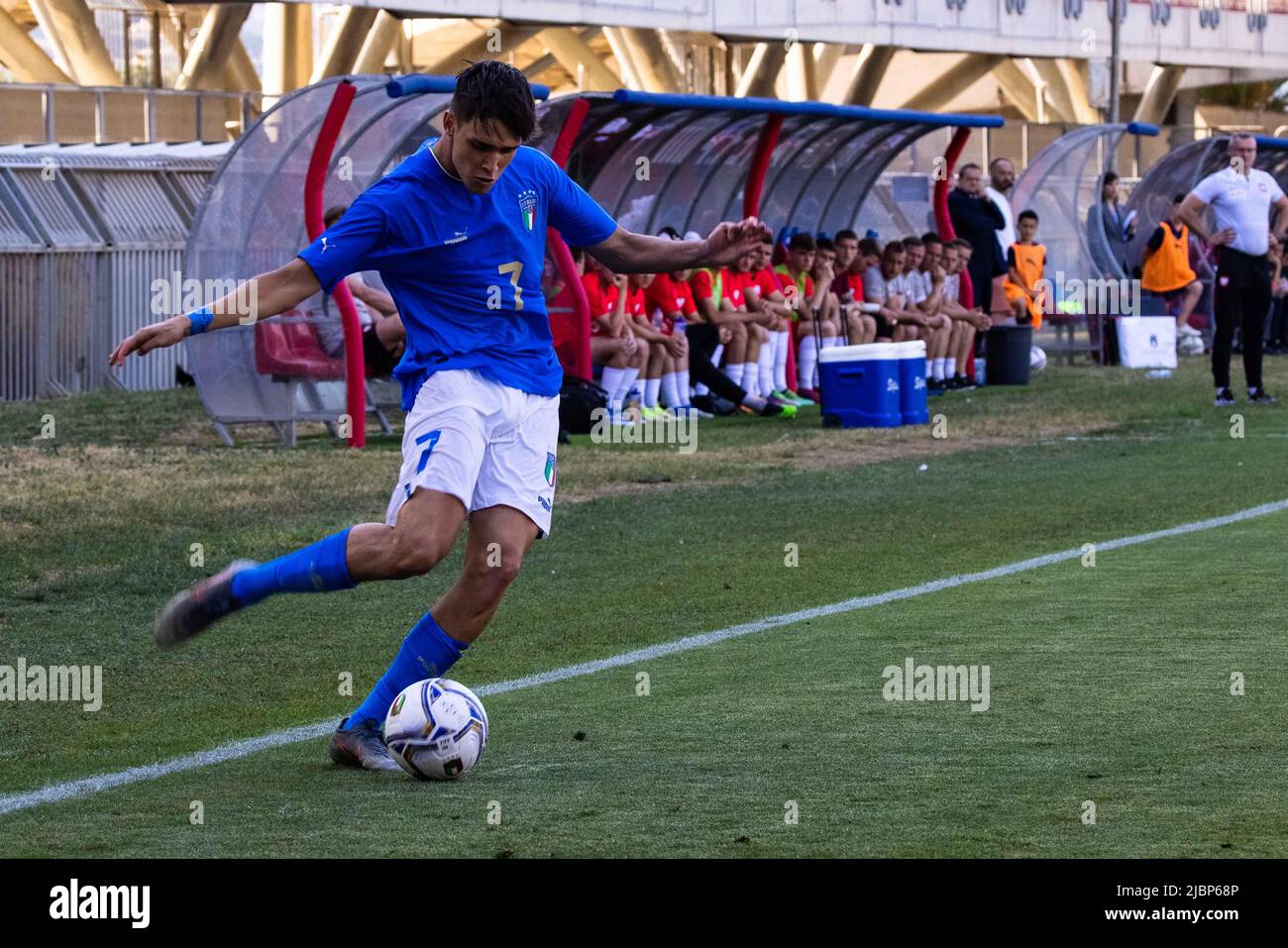 San Benedetto del Tronto, Italie, 07/06/2022, Nicolo Cudrig d'Italie U20 est vu en action pendant le match international amical entre l'Italie U20 et la Pologne U20 au Stadio Riviera delle Palme sur 7 juin 2022 à San Benedetto del Tronto, Italie. ©photo: Cinzia Camela. Banque D'Images