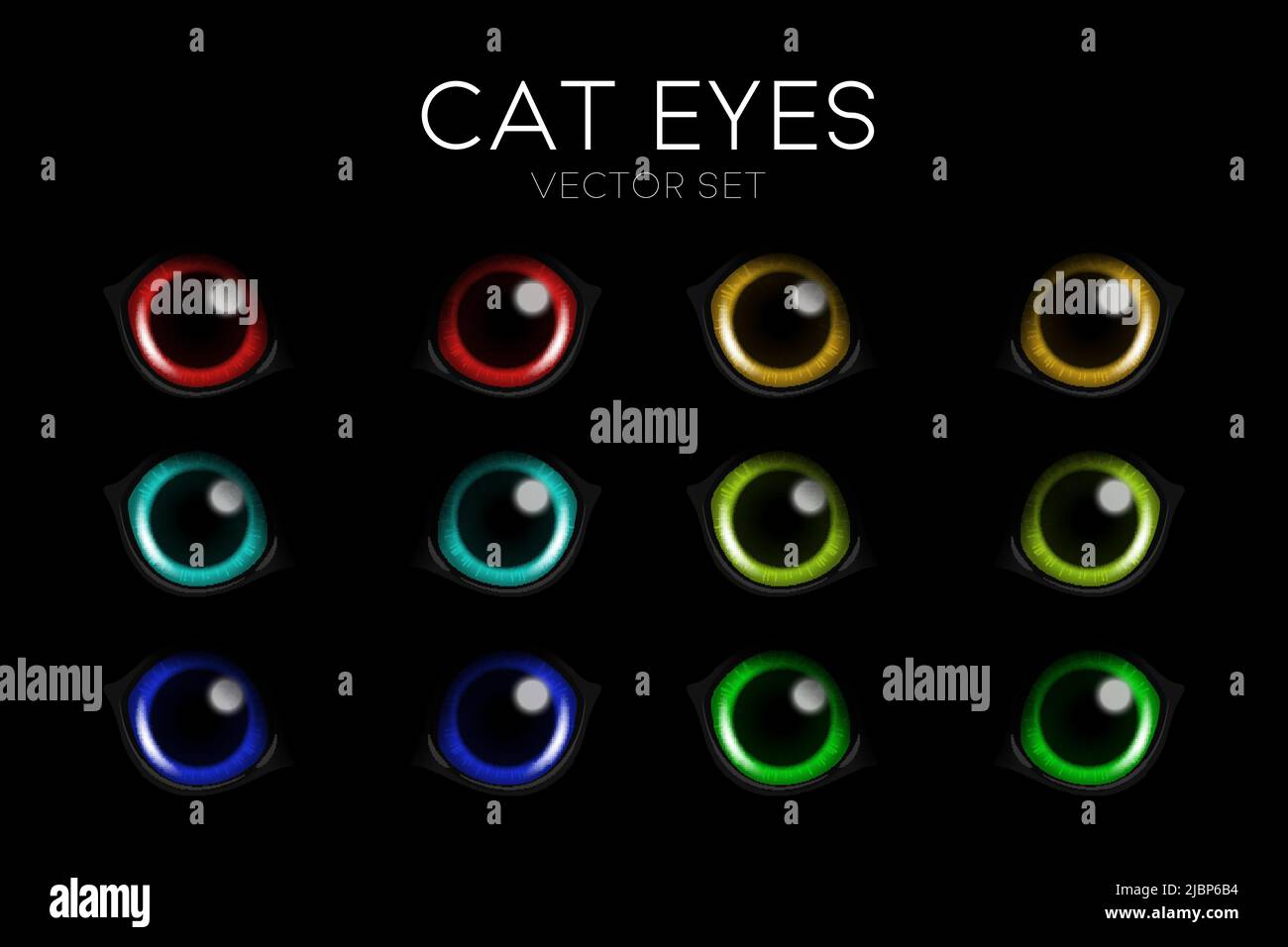 Vector 3D Realistic Cat s Eye of a Black Cat Rouge, jaune, bleu, vert yeux de chat sur noir ensemble. Gros plan CAT look in the Dark Illustration de Vecteur