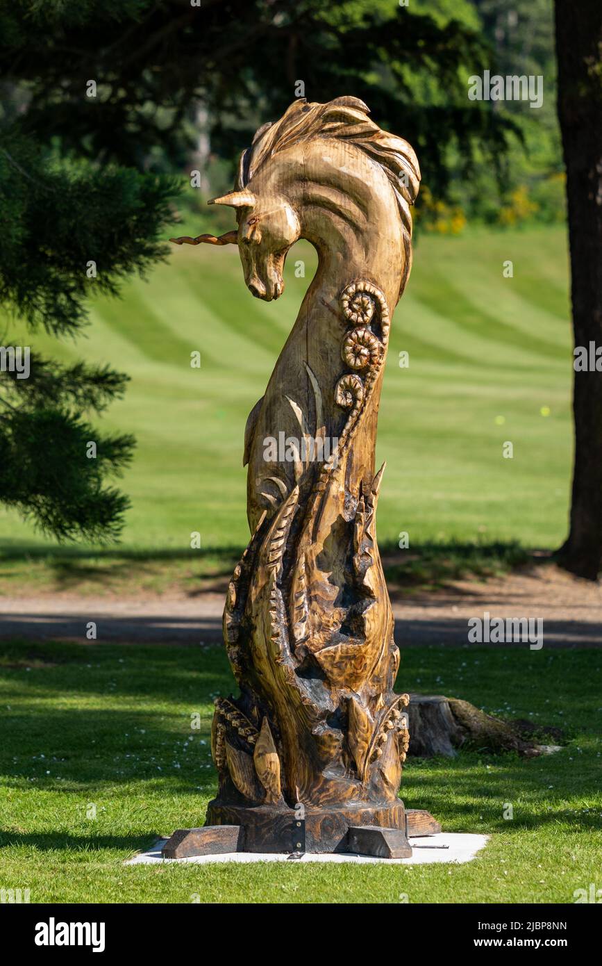 6 juin 2022. Grant Park, Forres, Moray, Écosse. Il s'agit d'une sculpture à la tronçonneuse d'une licorne qui a été placée dans Grant Park pour célébrer Banque D'Images