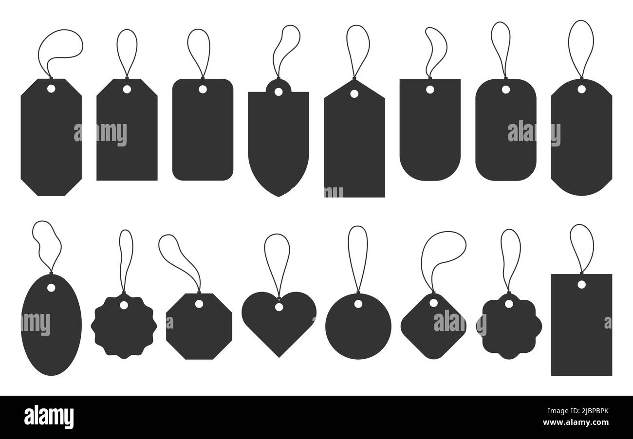 Étiquette modèle de timbre vierge solde ensemble silhouette noir. Un badge simple remplit le texte de la table de l'autocollant d'information. Signet livre papier boîte-cadeau lettre mise en page petite grande note isolée sur blanc Illustration de Vecteur