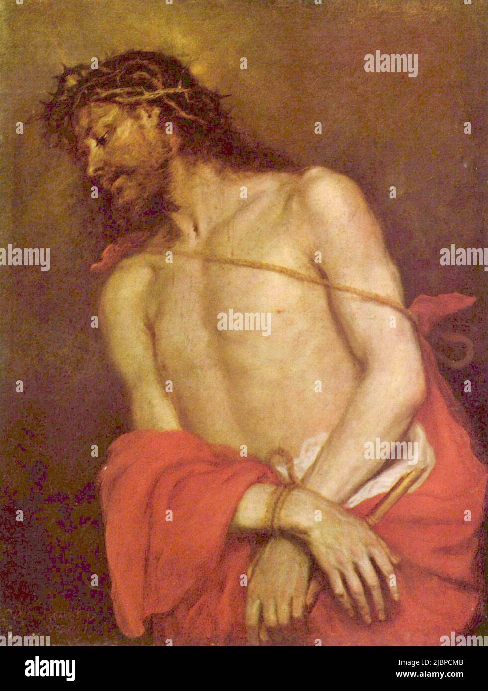 ECCE Homo de Mateo Cerezo (1637-1666). La peinture dépeint le moment où Pontius Pilate présente un Jésus battu et fouetté à la foule avec les mots Ecce Homo (voici l'homme). Jésus a la couronne d'épines sur sa tête et une robe rouge ou pourpre (pour simuler la revendication d'être roi des juifs). Cette version, cependant, montre juste un portrait du Jésus battu et humilié. Banque D'Images