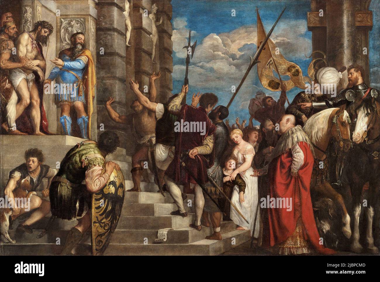 ECCE Homo de Titien (1490–1576). La peinture dépeint le moment où Pontius Pilate présente un Jésus battu et fouetté à la foule avec les mots Ecce Homo (voici l'homme). Jésus a la couronne d'épines sur sa tête et une robe rouge ou pourpre (pour simuler la revendication d'être roi des juifs). Banque D'Images