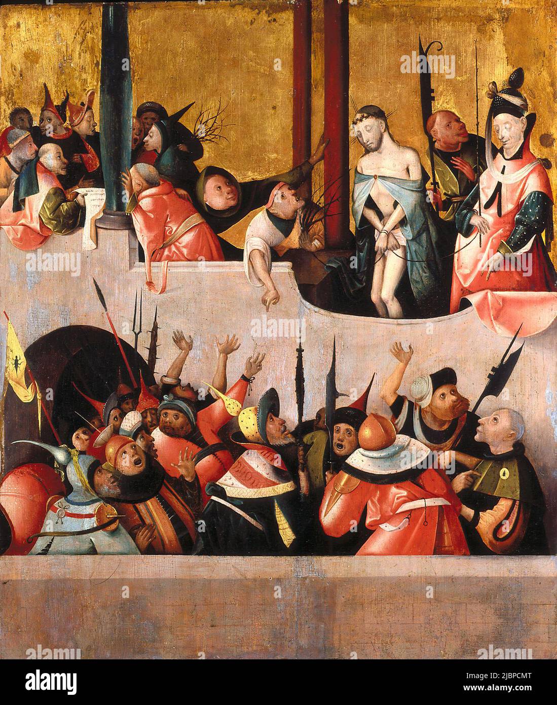 ECCE Homo par un disciple de Hieronymus Bosch, 1490s. La peinture dépeint le moment où Pontius Pilate présente un Jésus battu et fouetté à la foule avec les mots Ecce Homo (voici l'homme). Jésus a la couronne d'épines sur sa tête et une robe rouge ou pourpre (pour simuler la revendication d'être roi des juifs). Banque D'Images