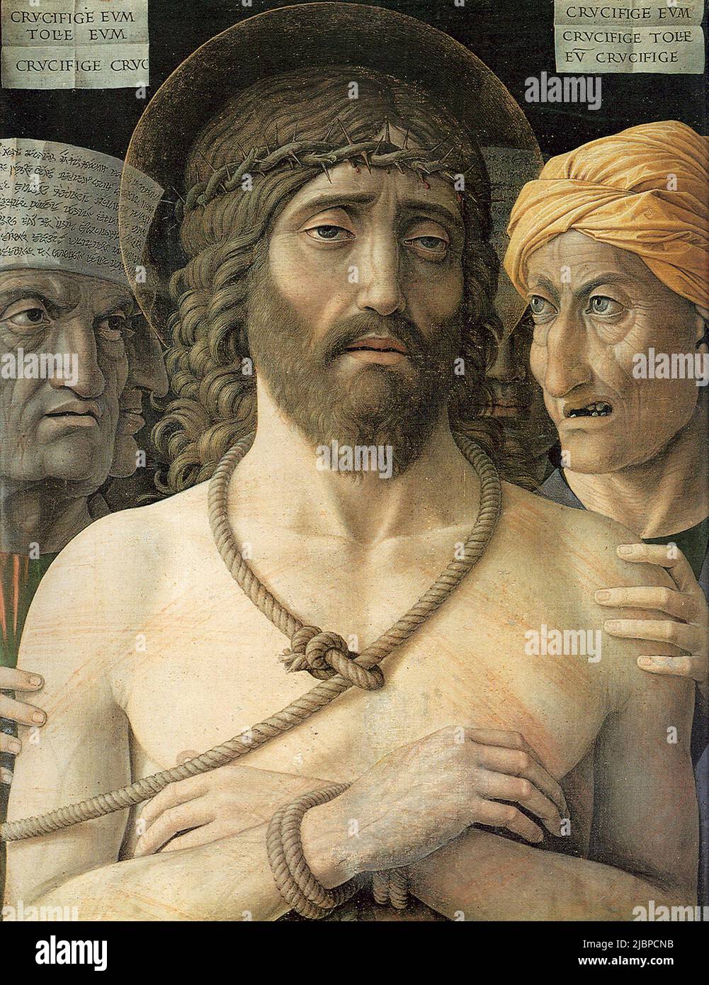 ECCE Homo par Andrea Mantegna (1431-1506). La peinture dépeint le moment où Pontius Pilate présente un Jésus battu et fouetté à la foule avec les mots Ecce Homo (voici l'homme). Jésus a la couronne d'épines sur sa tête et une robe rouge ou pourpre (pour simuler la revendication d'être roi des juifs). Cette version, cependant, montre juste un portrait du Jésus battu et humilié. Banque D'Images