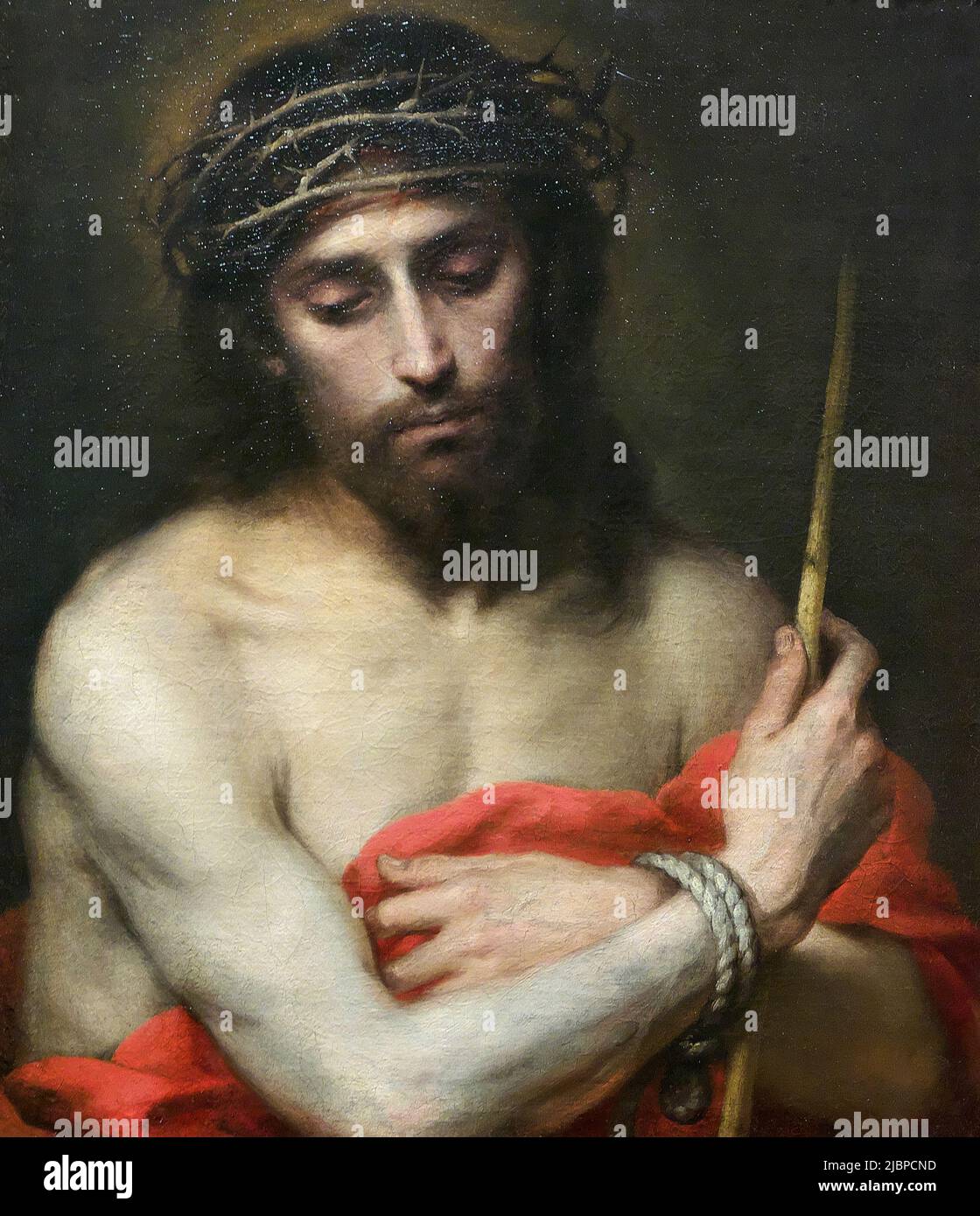 ECCE Homo de Bartolomé Esteban Murillo (1617-1682). La peinture dépeint le moment où Pontius Pilate présente un Jésus battu et fouetté à la foule avec les mots Ecce Homo (voici l'homme). Jésus a la couronne d'épines sur sa tête et une robe rouge ou pourpre (pour simuler la revendication d'être roi des juifs). Cette version, cependant, montre juste un portrait du Jésus battu et humilié. Banque D'Images