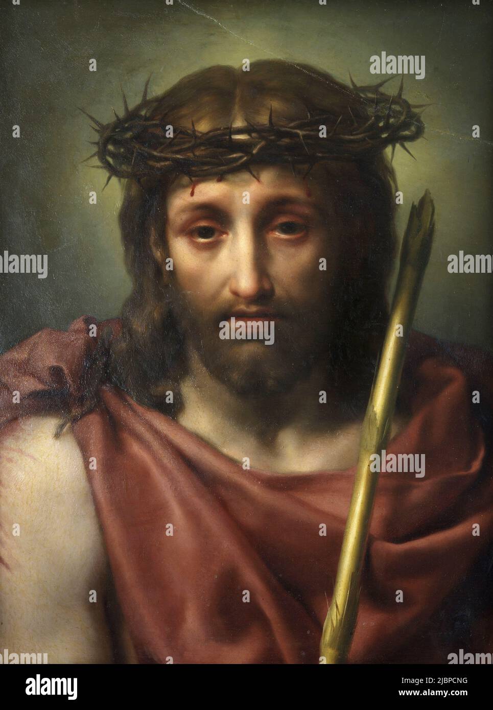 ECCE Homo d'Anton Raphael Mengs (1728–1779). Le tableau décrit le moment où Ponce Pilate présente un Jésus battu et fouetté à la foule avec les mots Ecce Homo (voici l'homme). Jésus a la couronne d'épines sur sa tête et une robe rouge ou pourpre (pour simuler la revendication d'être roi des juifs). Cette version, cependant, montre juste un portrait du Jésus battu et humilié. Banque D'Images