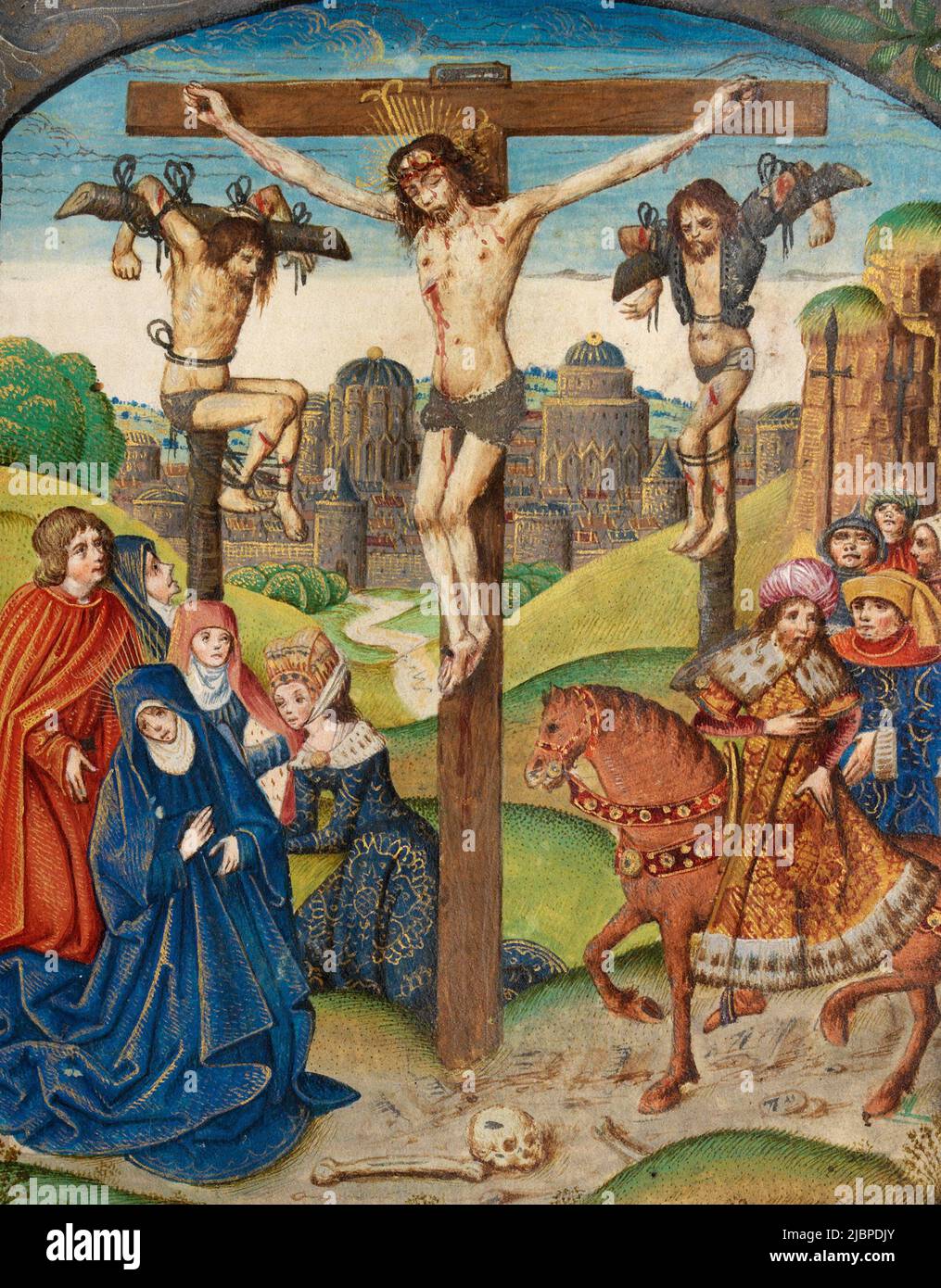 Christ sur la croix entre deux voleurs. Illumination du Vaux Passional, 16th siècle Banque D'Images
