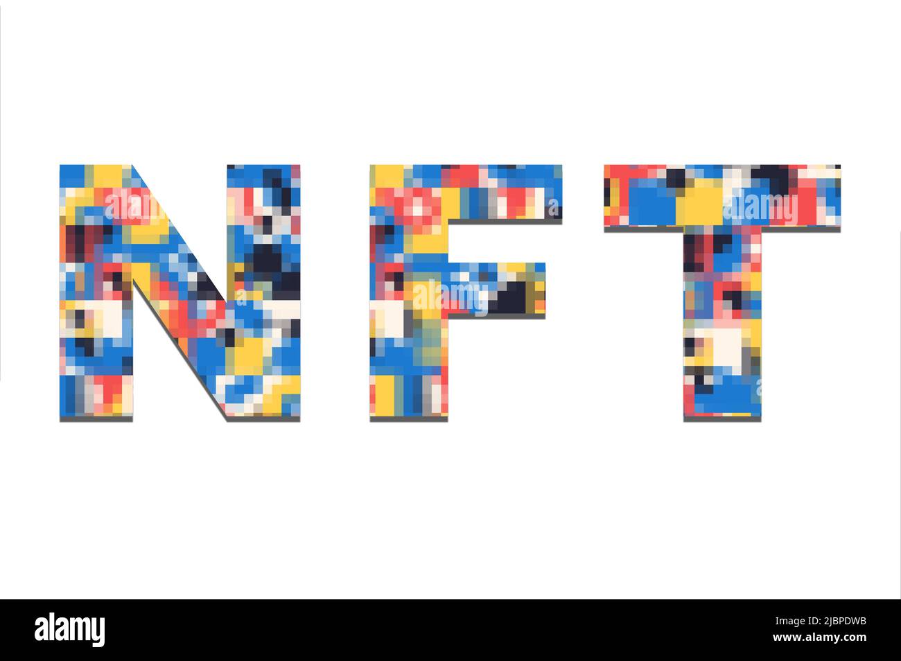 Signe NFT de pixel multicolore sur fond blanc isolé. Nouvelle tendance pour les investissements futurs et les bénéfices virtuels. Concept de jetons non fongibles NFT. Découpe Banque D'Images
