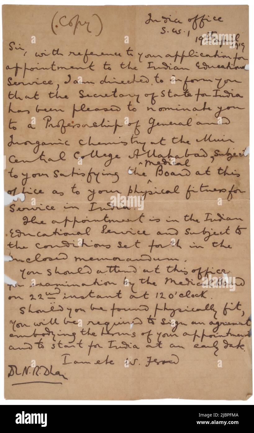 Bureau de l'Inde. 19th avril 1928. Lettre de Nil Ratan Dhar à Prafulla Chandra Ray. Banque D'Images