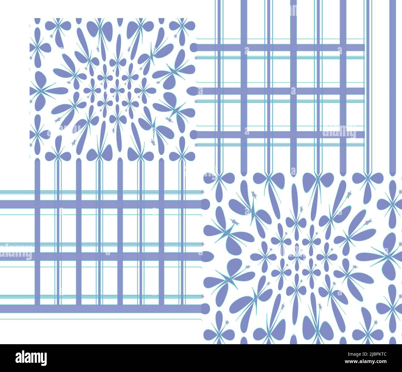 Pétales bleus et aqua et étoiles en carrés avec bandes sur fond blanc. Répétition de la répétition de surface sans couture. Banque D'Images