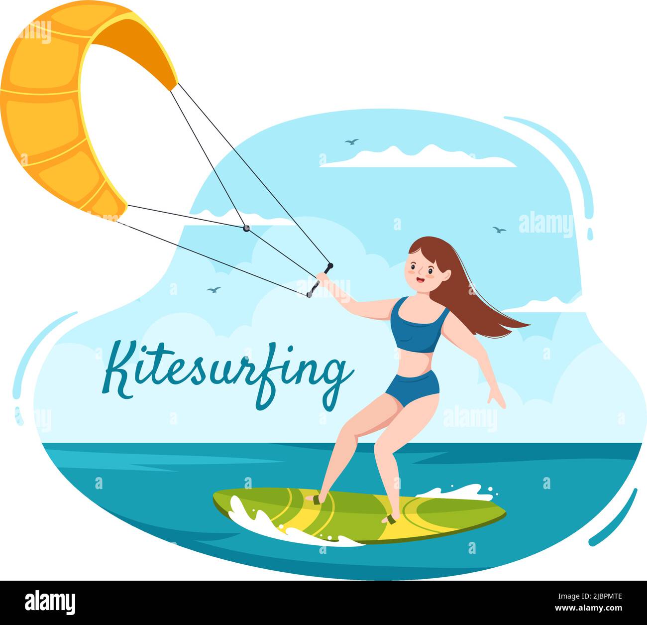 Kitesurfing d'été des activités de sports nautiques Illustration du dessin animé avec un grand cerf-volant sur un conseil en style plat Illustration de Vecteur
