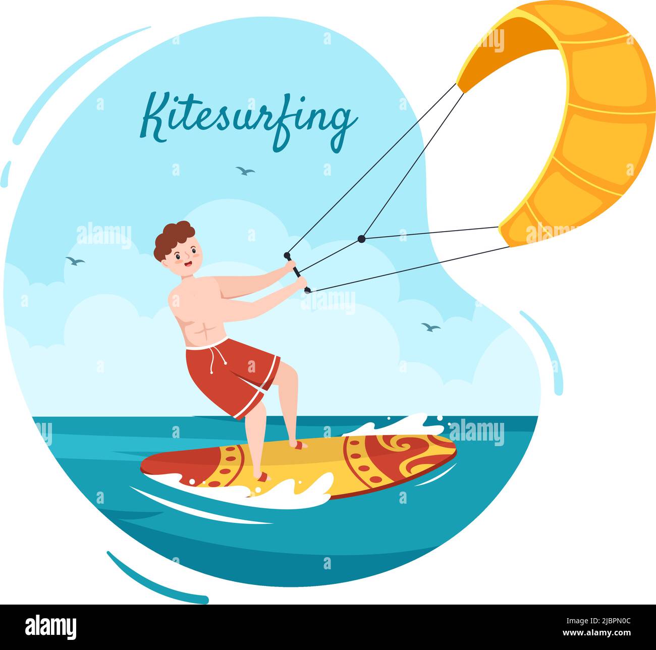 Kitesurfing d'été des activités de sports nautiques Illustration du dessin animé avec un grand cerf-volant sur un conseil en style plat Illustration de Vecteur