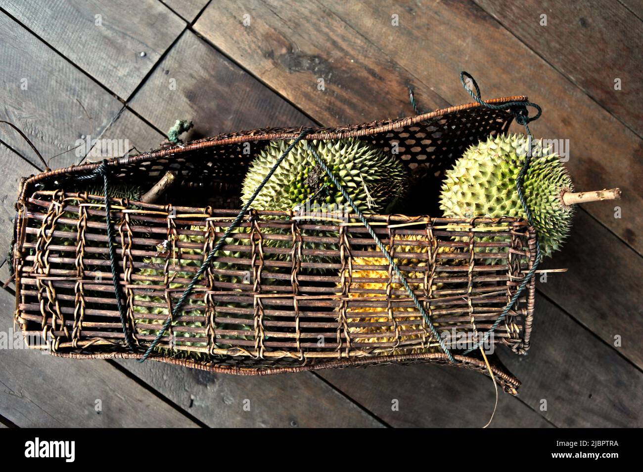 Des duriens fraîchement récoltés dans un sac en rotin traditionnel  Dayaknese dans le village de Nanga Raun, Kalis, Kapuas Hulu, Kalimantan  occidental, Indonésie Photo Stock - Alamy