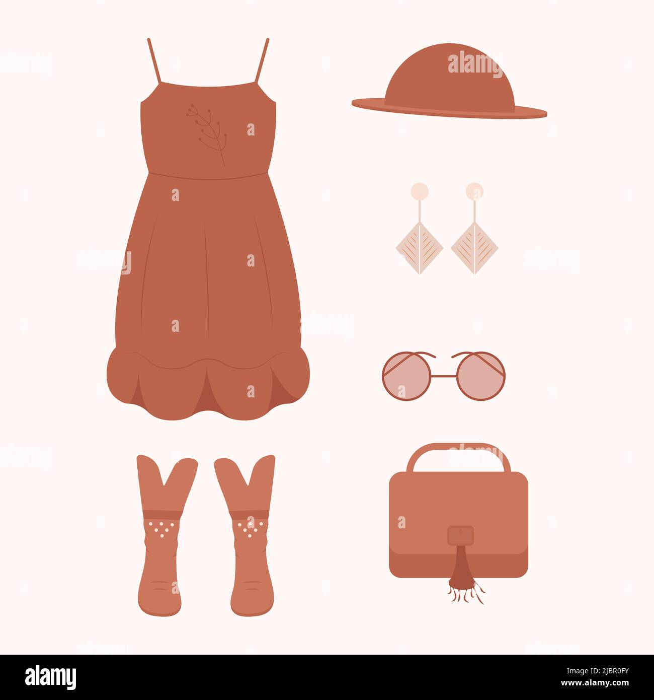 Ensemble de vêtements boho. Tenue de mode de style boho. Vêtements tendance. Illustration de Vecteur