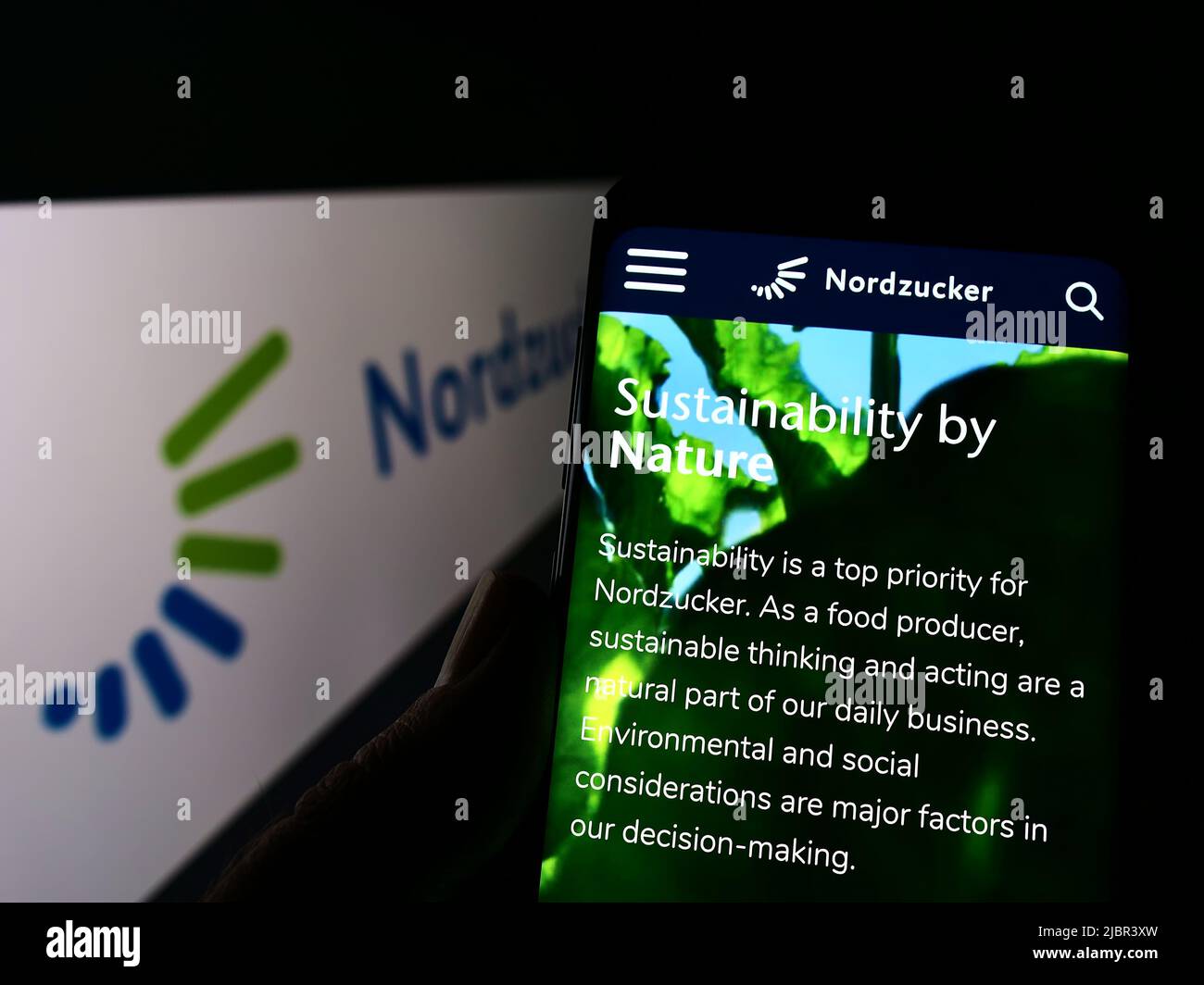 Personne tenant smartphone avec la page web de la société allemande de production de sucre Nordzucker AG à l'écran avec logo. Concentrez-vous sur le centre de l'écran du téléphone. Banque D'Images