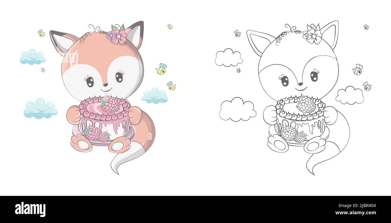 Cute Clipart Fox Illustration et pour coloriage page. Pince-art renard avec gâteau d'anniversaire à la framboise. Illustration d'un animal forestier pour , autocollants, bébé Illustration de Vecteur