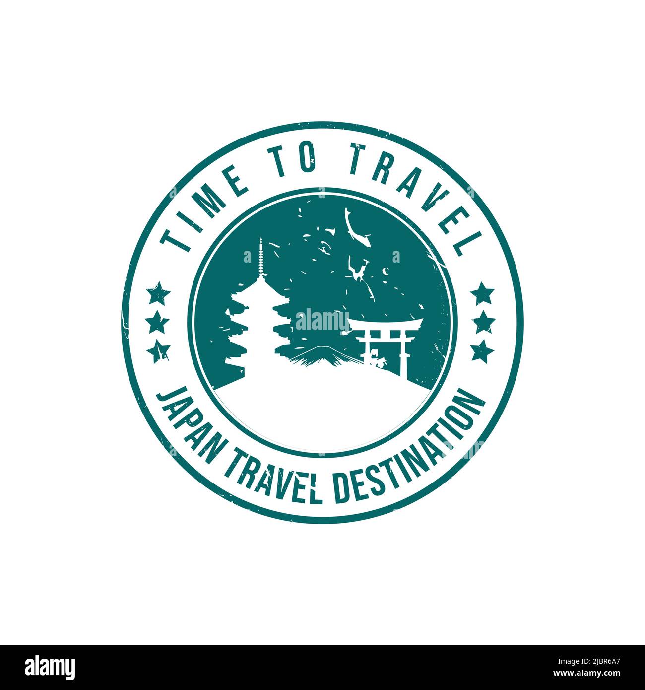 Gratrez le tampon en caoutchouc avec le texte Japon Travel destination inscrit à l'intérieur du tampon. Temps de déplacement. Silhouette du Mont fuji et temple historique du Japon Illustration de Vecteur