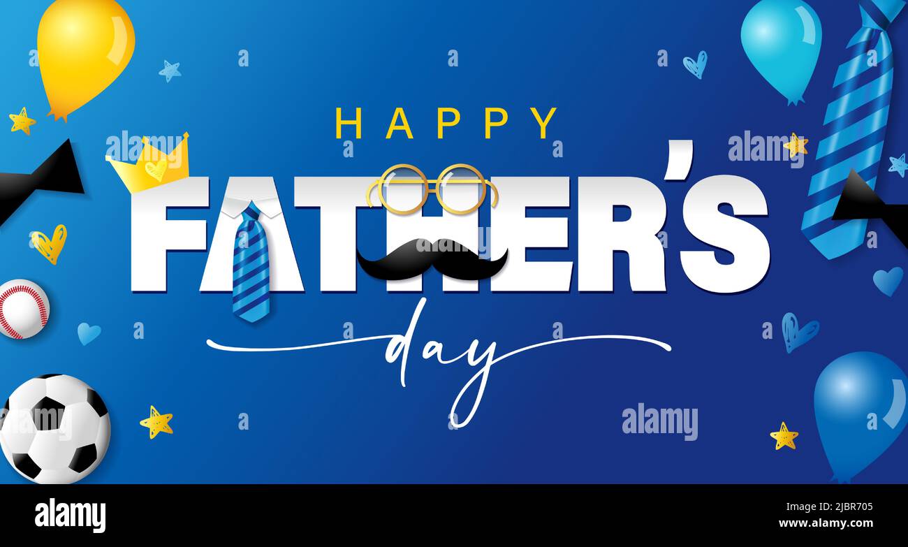 Affiche bleue Happy Pères Day avec couronne, cravate, lunettes et  moustache. Fête des pères promotion vente élégante citation calligraphie  avec choeur. Vecteur Image Vectorielle Stock - Alamy