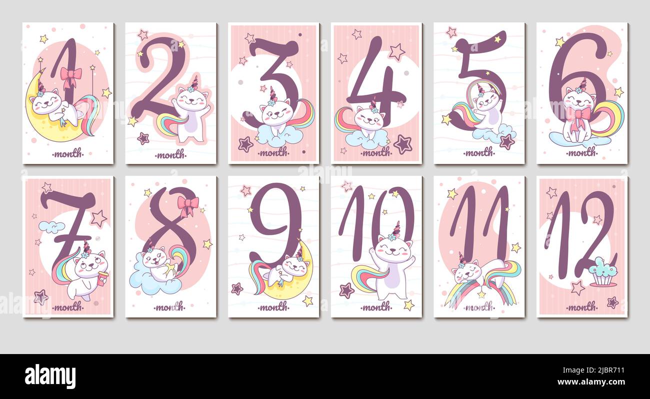 Collection plate de cartes d'étape mensuelles pour bébé avec chat licorne mignon et chiffres de couleur rose. Autocollants du mois d'anniversaire pour nouveau-nés enfants fille avec caticorne drôle sur le nuage, l'arc-en-ciel et la lune. Illustration de Vecteur